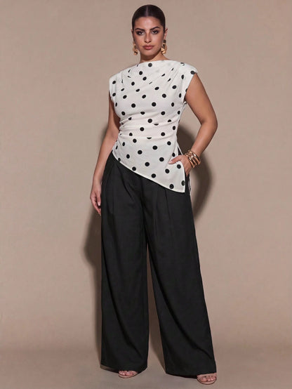 BAE CURVE Elegant 80s Black And White Polka Dots Summer Top Round Neck Padded Shoulder Sleeveless Asymmetrical Hem Pleated Shirt Party Birthday Dinner Wedding