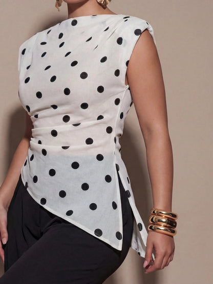 BAE CURVE Elegant 80s Black And White Polka Dots Summer Top Round Neck Padded Shoulder Sleeveless Asymmetrical Hem Pleated Shirt Party Birthday Dinner Wedding