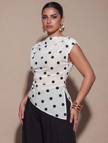 BAE CURVE Elegant 80s Black And White Polka Dots Summer Top Round Neck Padded Shoulder Sleeveless Asymmetrical Hem Pleated Shirt Party Birthday Dinner Wedding