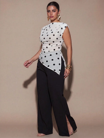 BAE CURVE Elegant 80s Black And White Polka Dots Summer Top Round Neck Padded Shoulder Sleeveless Asymmetrical Hem Pleated Shirt Party Birthday Dinner Wedding