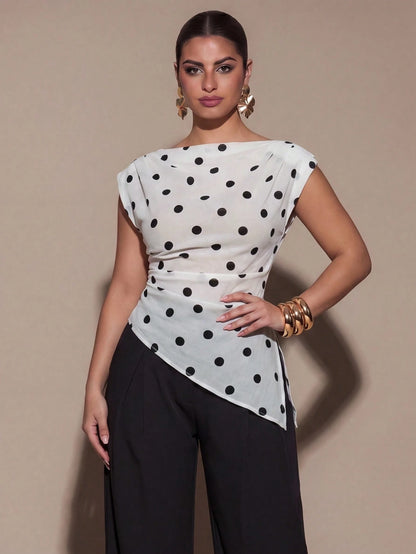 BAE CURVE Elegant 80s Black And White Polka Dots Summer Top Round Neck Padded Shoulder Sleeveless Asymmetrical Hem Pleated Shirt Party Birthday Dinner Wedding