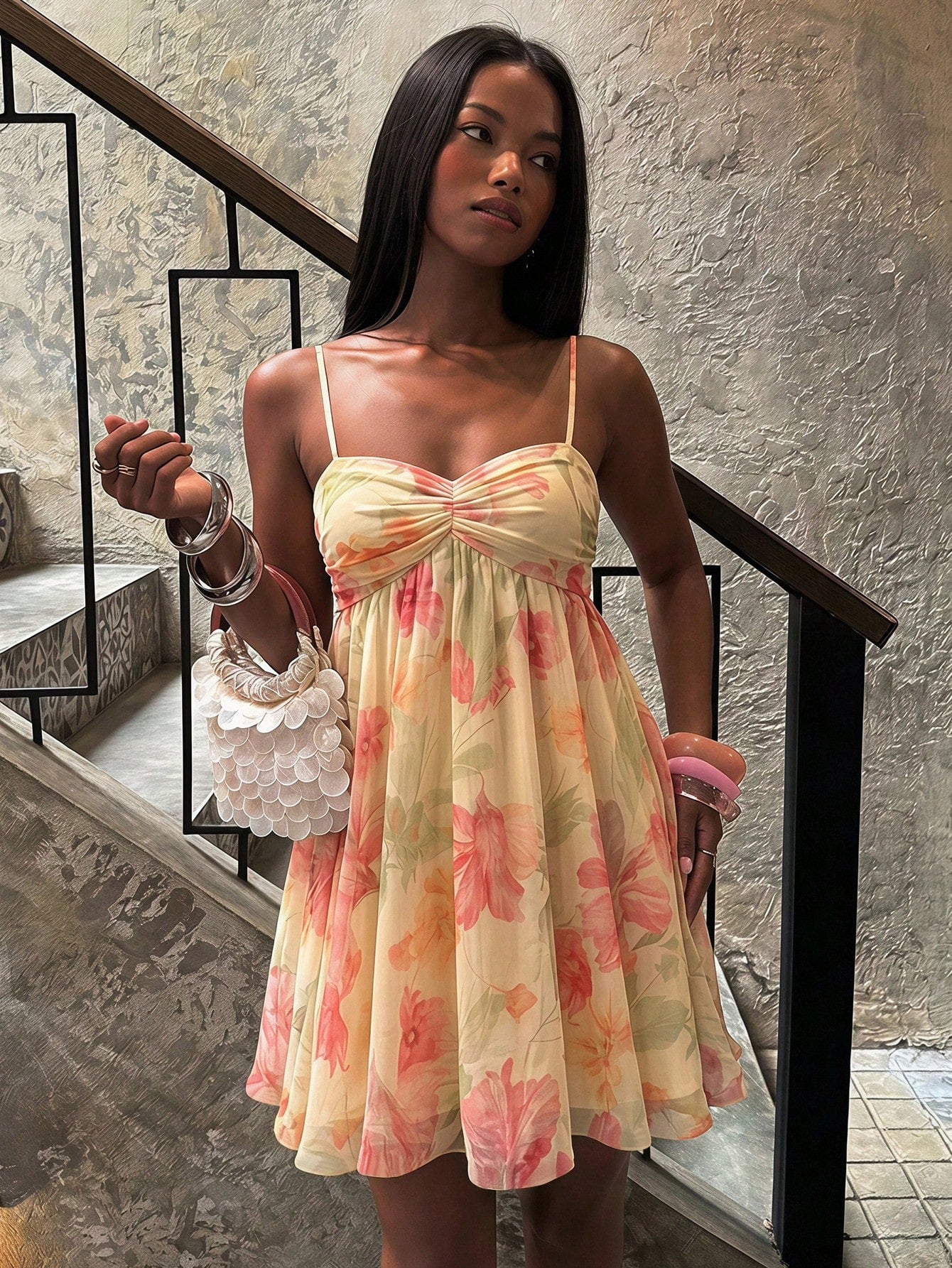 BAE Spring/Summer Solid Yellow Ditsy Floral Small Flower Print Sleeveless Cami Dress, Elegant Sweet Cute Mini Sun Dress, Mini Dress, Suitable For Romantic Dates, Parties, Formal Gatherings, Wedd