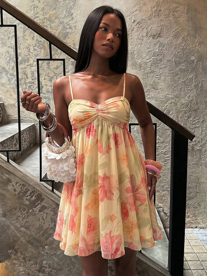 BAE Spring/Summer Solid Yellow Ditsy Floral Small Flower Print Sleeveless Cami Dress, Elegant Sweet Cute Mini Sun Dress, Mini Dress, Suitable For Romantic Dates, Parties, Formal Gatherings, Wedd