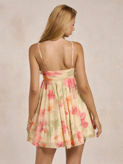 BAE Spring/Summer Solid Yellow Ditsy Floral Small Flower Print Sleeveless Cami Dress, Elegant Sweet Cute Mini Sun Dress, Mini Dress, Suitable For Romantic Dates, Parties, Formal Gatherings, Wedd