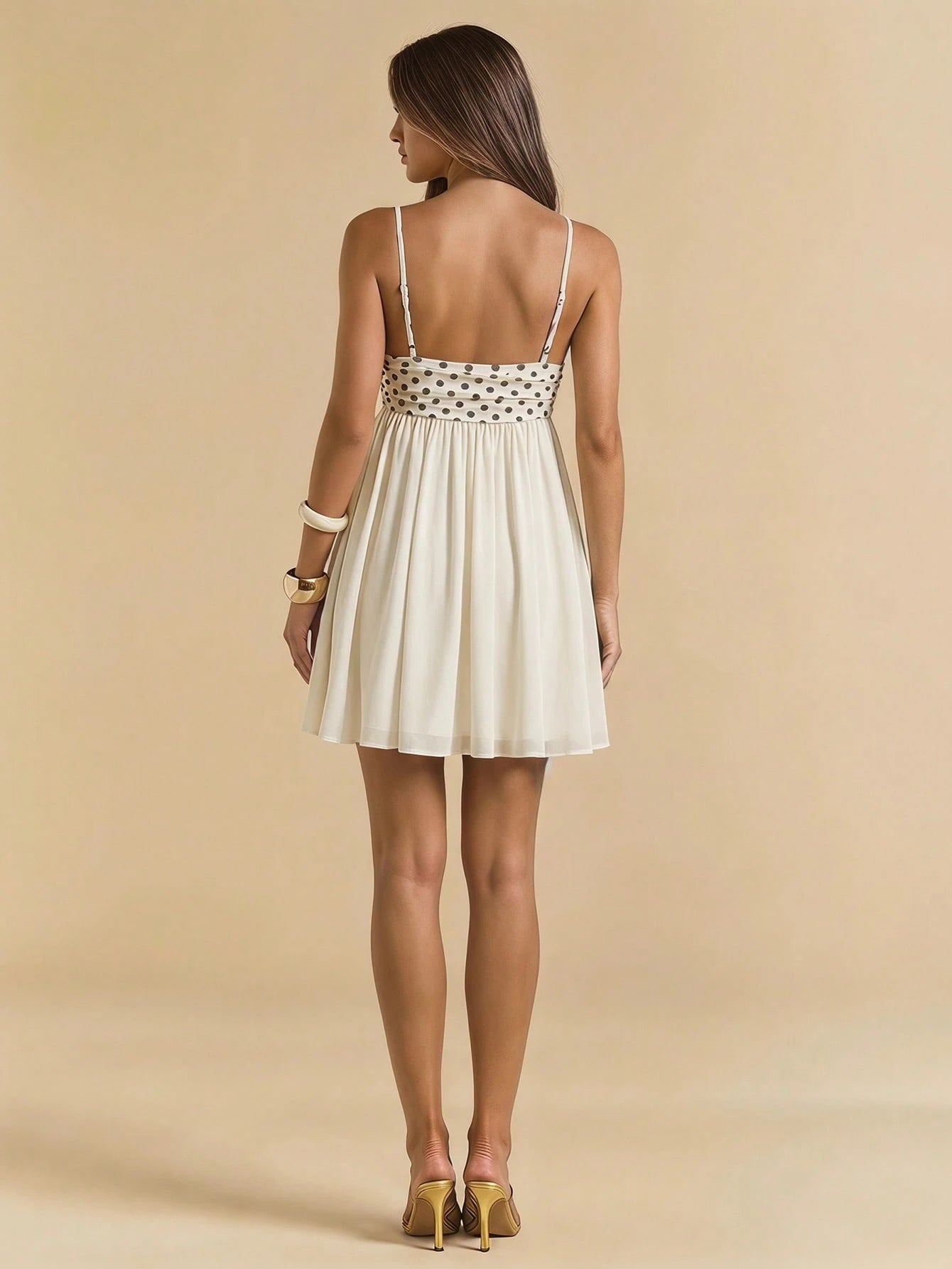 BAE Spring/Summer White Polka Dot Spaghetti Strap Dress, Heart Neckline Waist Cinched Flared Skirt, Gentle Sweet Date Dress,Dresses For Women Summer