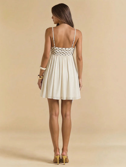 BAE Spring/Summer White Polka Dot Spaghetti Strap Dress, Heart Neckline Waist Cinched Flared Skirt, Gentle Sweet Date Dress,Dresses For Women Summer