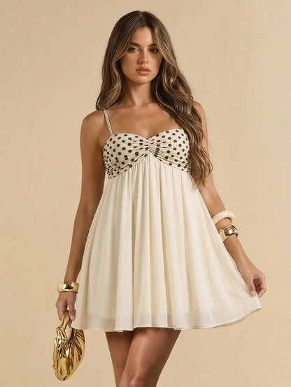BAE Spring/Summer White Polka Dot Spaghetti Strap Dress, Heart Neckline Waist Cinched Flared Skirt, Gentle Sweet Date Dress,Dresses For Women Summer