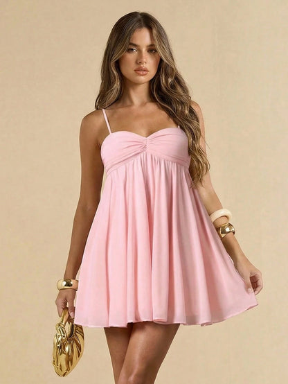 BAE Spring/Summer White Polka Dot Spaghetti Strap Dress, Heart Neckline Waist Cinched Flared Skirt, Gentle Sweet Date Dress,Dresses For Women Summer