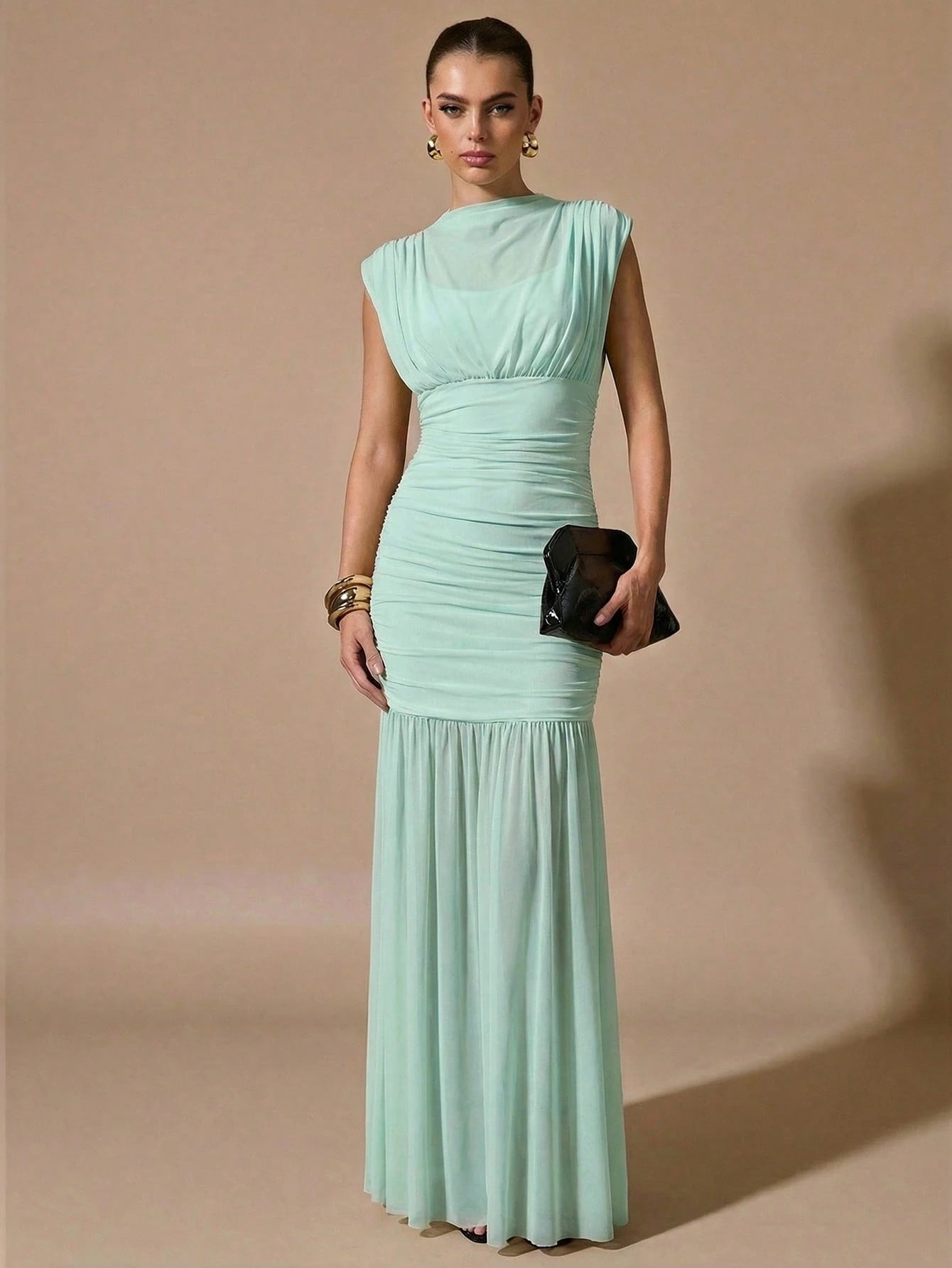 BAE Women's Elegant Summer Mint Green Sheer Ruched Dress,Wrap Shawl Party Birthday Bridesmaid Dress,Formal Tea Party Gathering Valentine's Day Dress