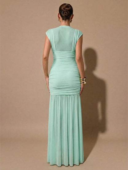 BAE Women's Elegant Summer Mint Green Sheer Ruched Dress,Wrap Shawl Party Birthday Bridesmaid Dress,Formal Tea Party Gathering Valentine's Day Dress