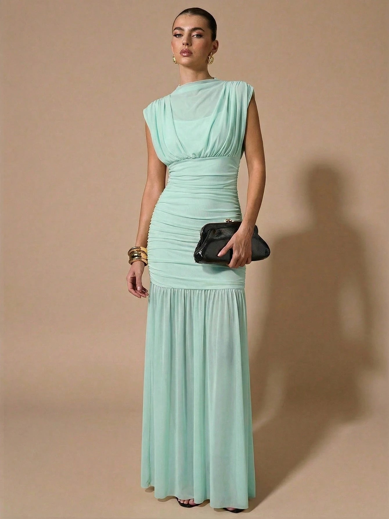 BAE Women's Elegant Summer Mint Green Sheer Ruched Dress,Wrap Shawl Party Birthday Bridesmaid Dress,Formal Tea Party Gathering Valentine's Day Dress