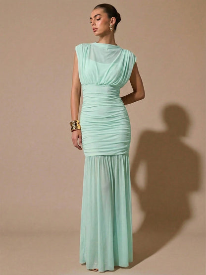 BAE Women's Elegant Summer Mint Green Sheer Ruched Dress,Wrap Shawl Party Birthday Bridesmaid Dress,Formal Tea Party Gathering Valentine's Day Dress