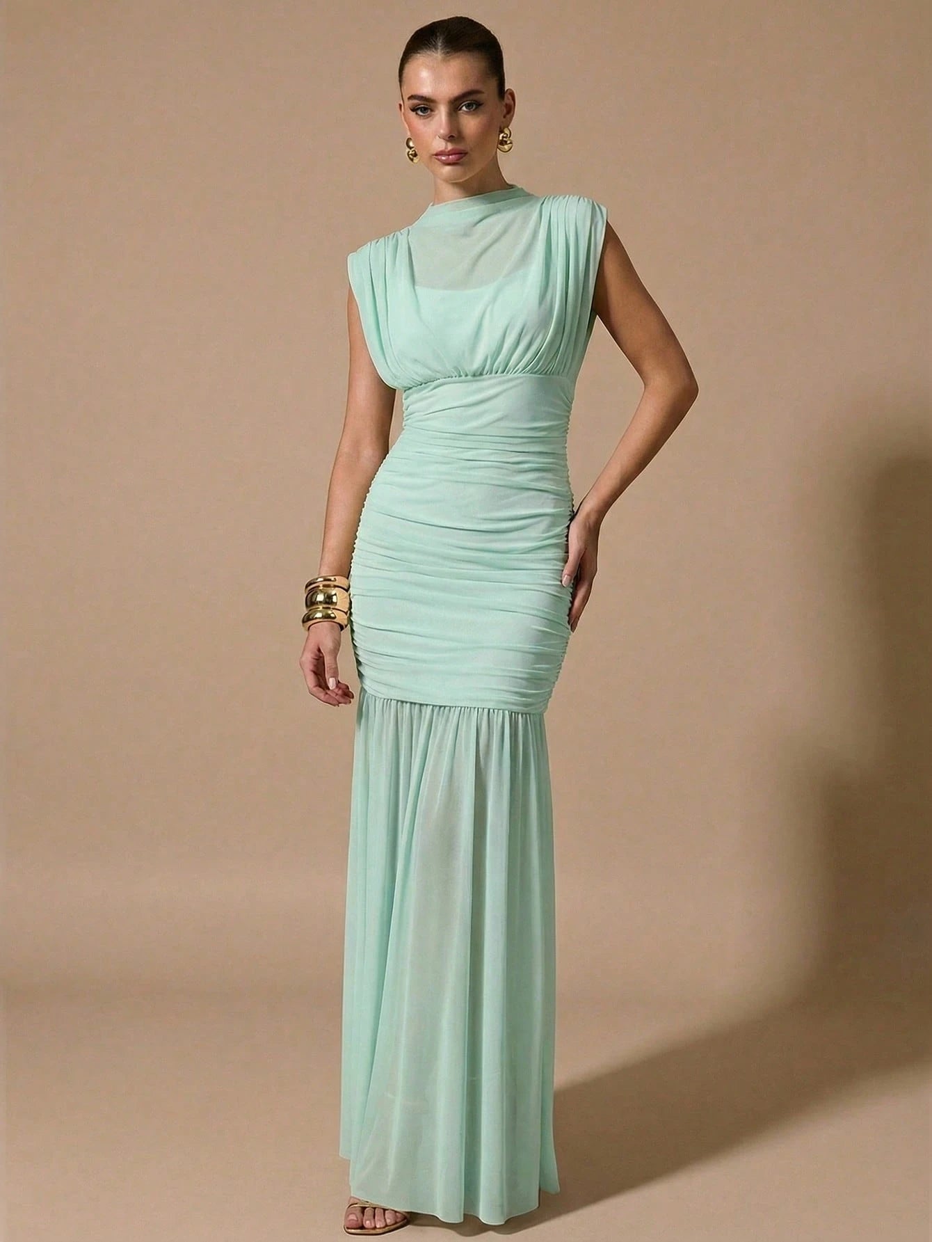 BAE Women's Elegant Summer Mint Green Sheer Ruched Dress,Wrap Shawl Party Birthday Bridesmaid Dress,Formal Tea Party Gathering Valentine's Day Dress