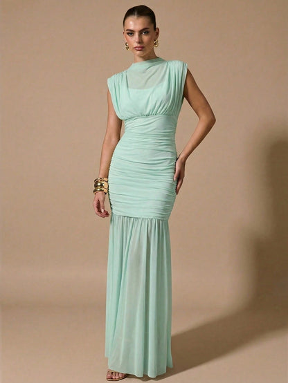 BAE Women's Elegant Summer Mint Green Sheer Ruched Dress,Wrap Shawl Party Birthday Bridesmaid Dress,Formal Tea Party Gathering Valentine's Day Dress