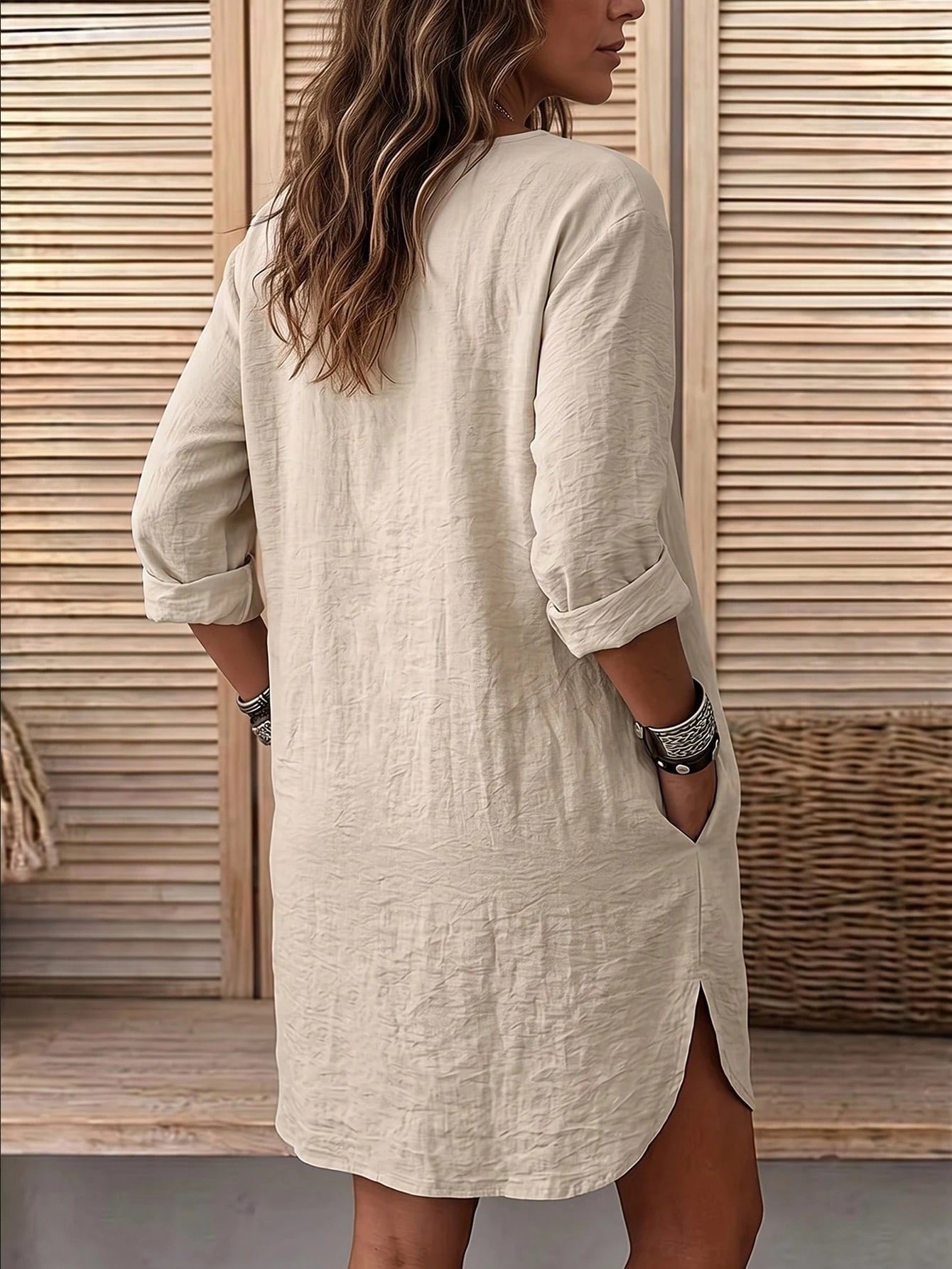 Balvessa Casual Vacation Daily Wear Loose Fit Shirt Dress With Pockets, Can Be Worn As Shacket, Home, Country, Old Money Style For Women