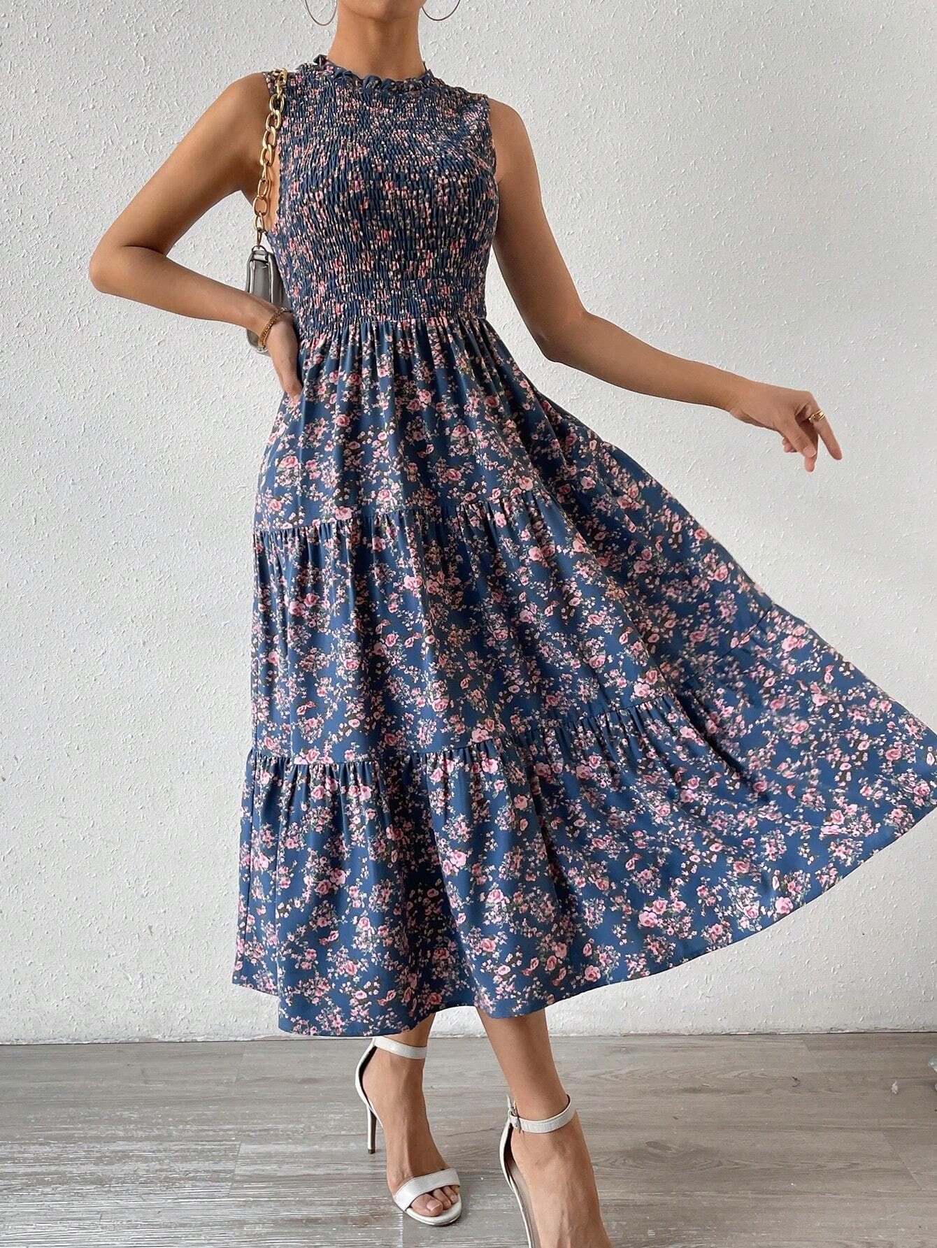 Balvessa Floral Printed Panelled Sleeveless A-Line Dress Maxi Women Outfit