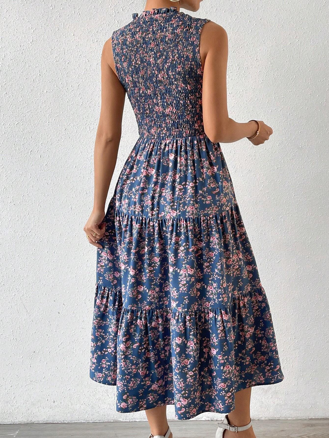 Balvessa Floral Printed Panelled Sleeveless A-Line Dress Maxi Women Outfit