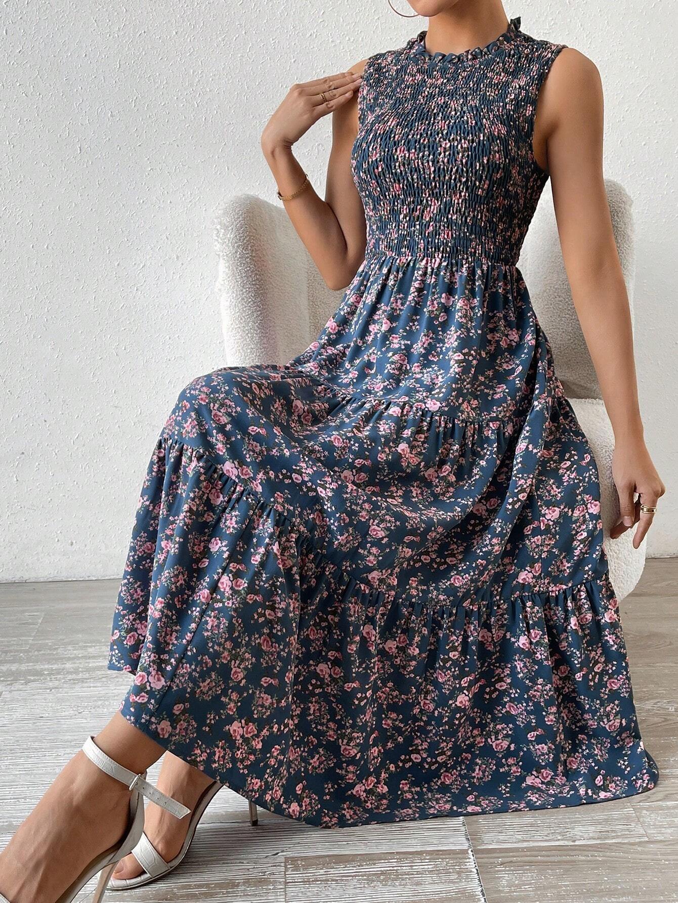 Balvessa Floral Printed Panelled Sleeveless A-Line Dress Maxi Women Outfit