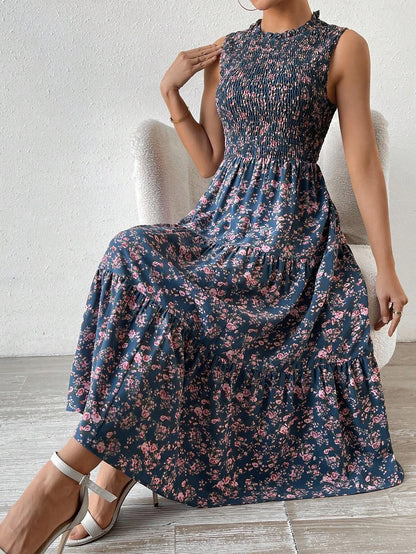 Balvessa Floral Printed Panelled Sleeveless A-Line Dress Maxi Women Outfit