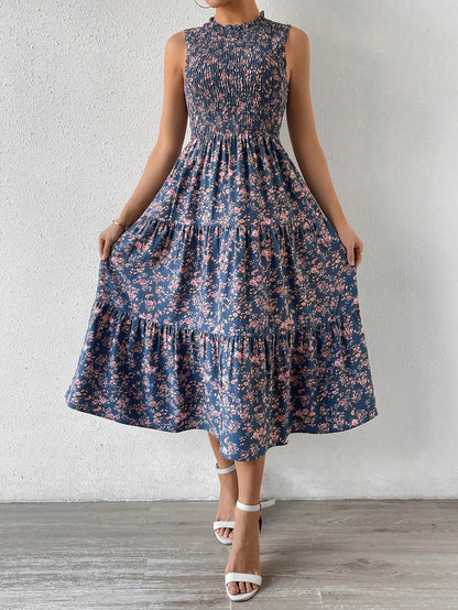 Balvessa Floral Printed Panelled Sleeveless A-Line Dress Maxi Women Outfit