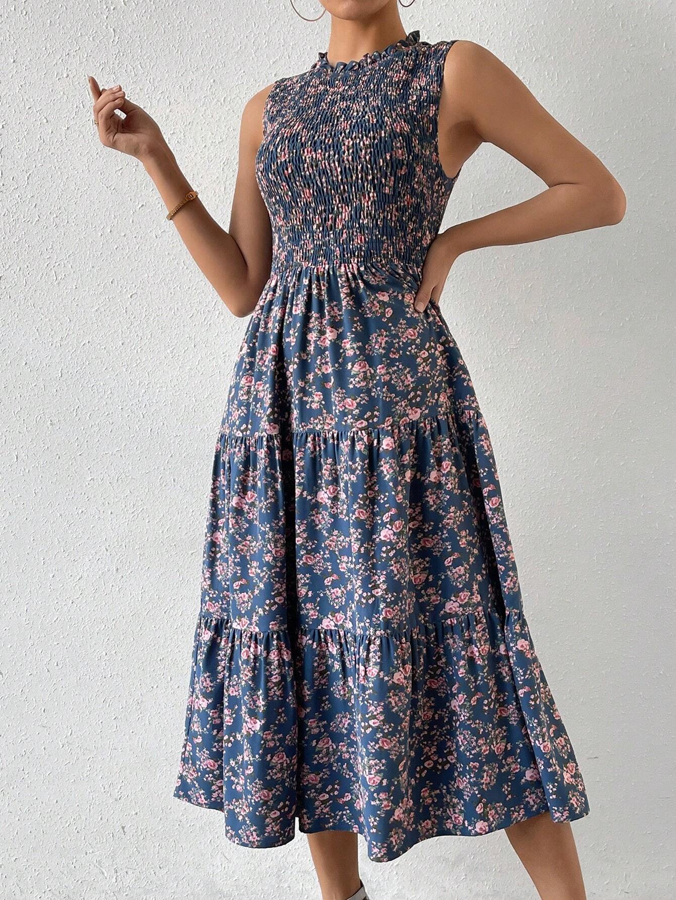 Balvessa Floral Printed Panelled Sleeveless A-Line Dress Maxi Women Outfit