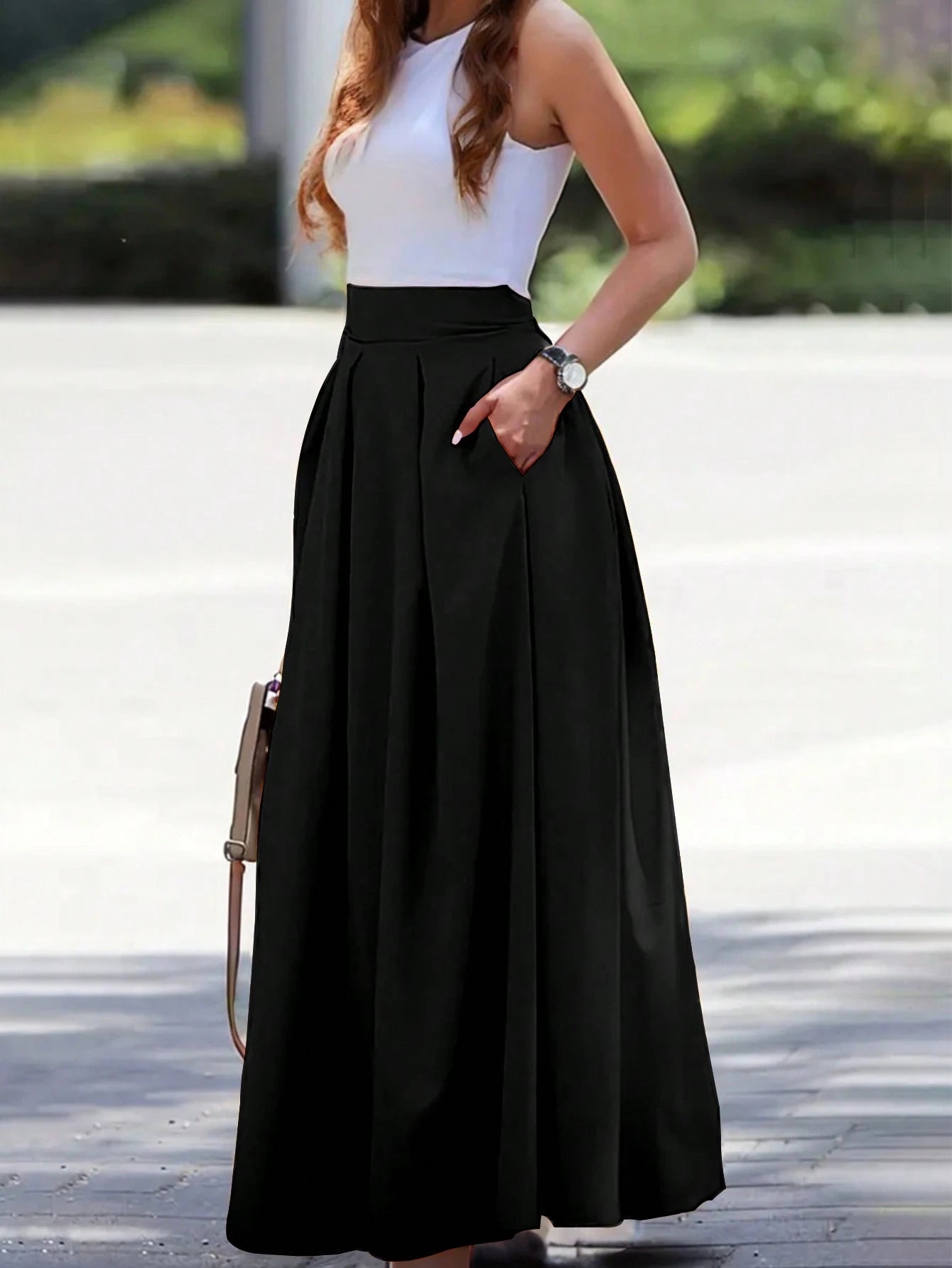 Balvessa Women's Elegant High-Waisted Pleated Maxi Skirt, Spring/Summer Fall