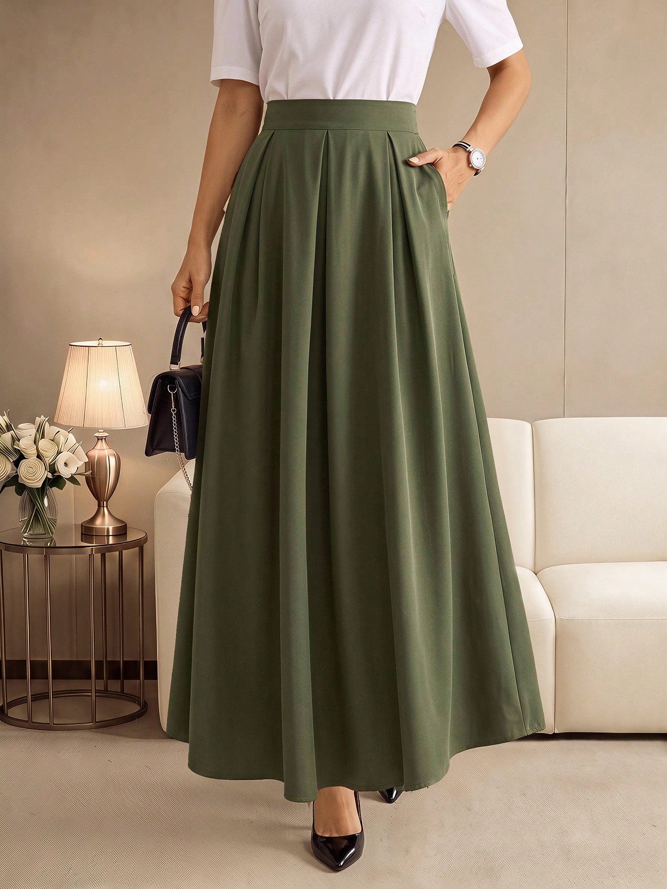 Balvessa Women's Elegant High-Waisted Pleated Maxi Skirt, Spring/Summer Fall