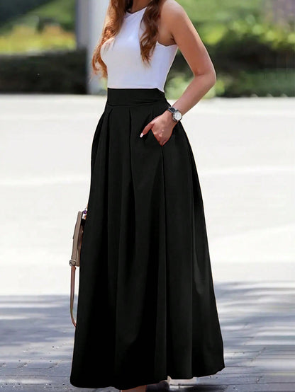 Balvessa Women's Elegant High-Waisted Pleated Maxi Skirt, Spring/Summer Fall