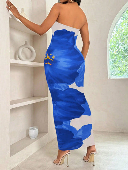 BamGleam Women's Fitted Strapless Color Blocking Floral Print Elegant Fashion Dress Maxi Women Outfit