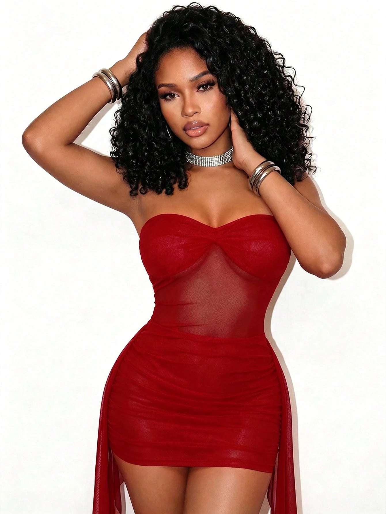 BamGleam Women's Solid Color Strapless Fitted Dress With Ribbon Design, For Party Club Night And Gathering Burgundy Red Summer Rave