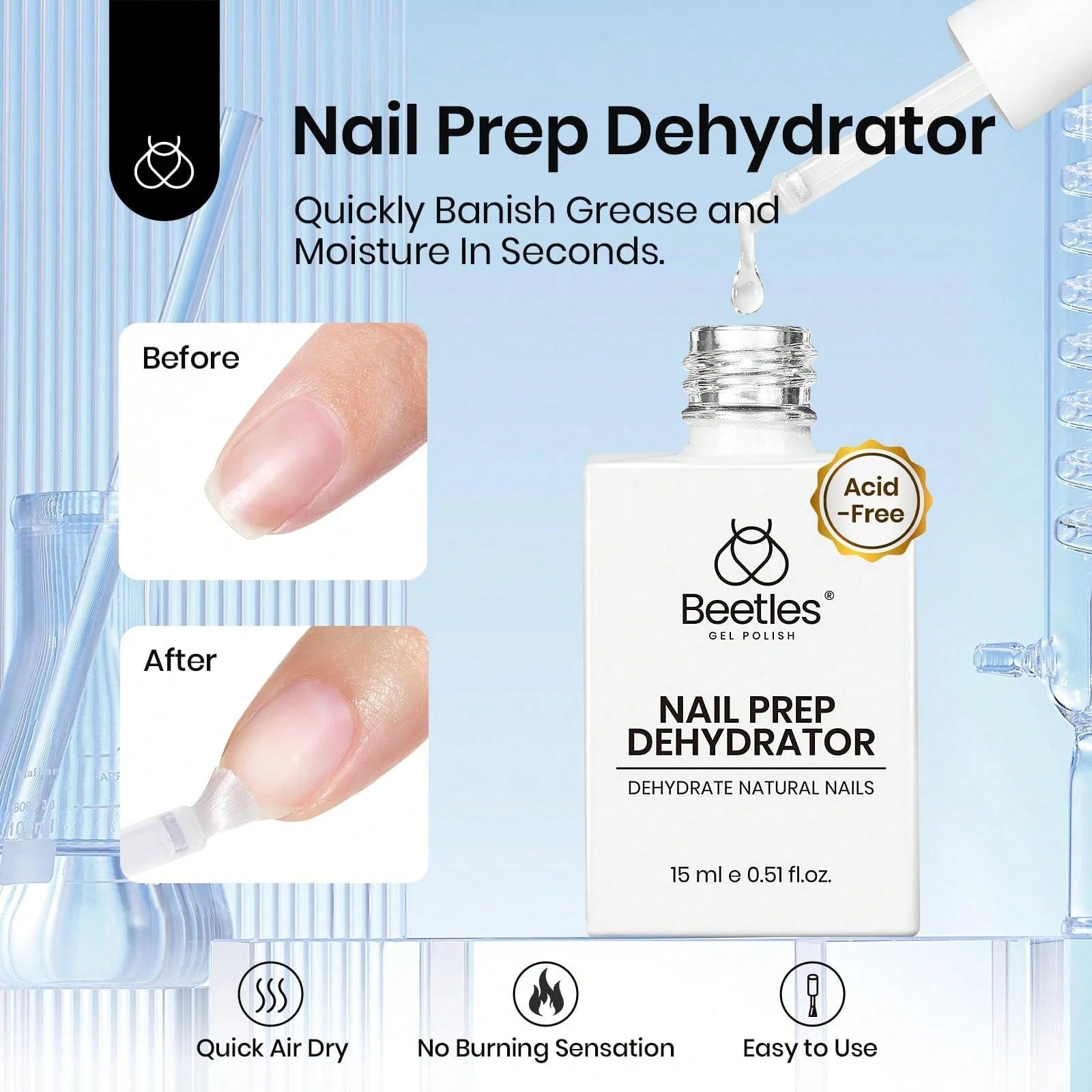 Beetles 2Pcs 15ml Acid-Free HEMA-Free Nail Dehydrator & Primer, Long-Lasting Bond Prep For Gel & Acrylic Nails