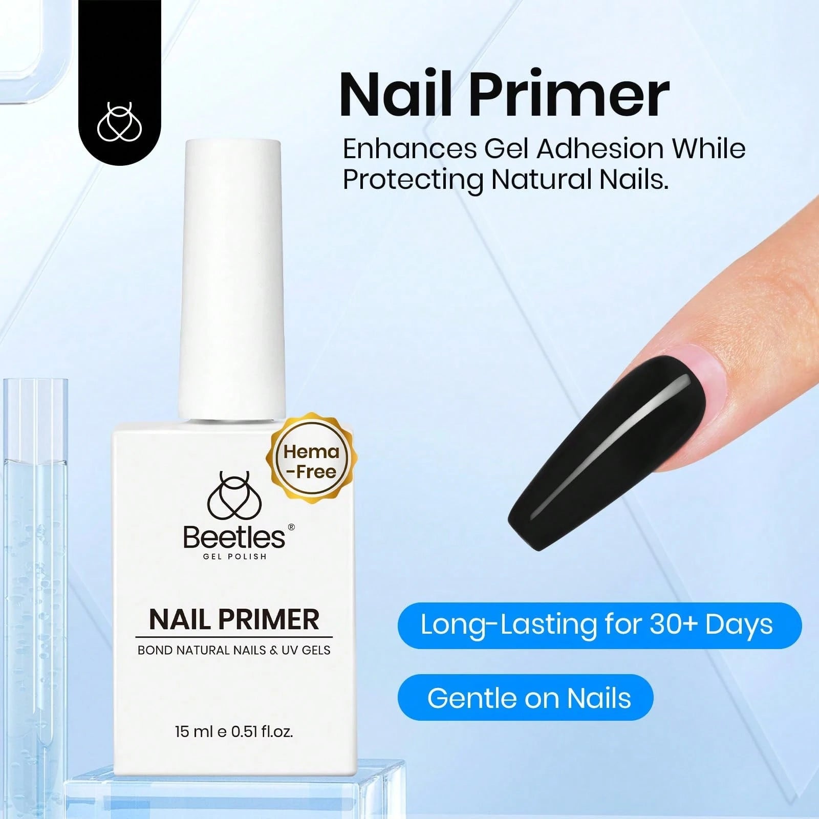 Beetles 2Pcs 15ml Acid-Free HEMA-Free Nail Dehydrator & Primer, Long-Lasting Bond Prep For Gel & Acrylic Nails