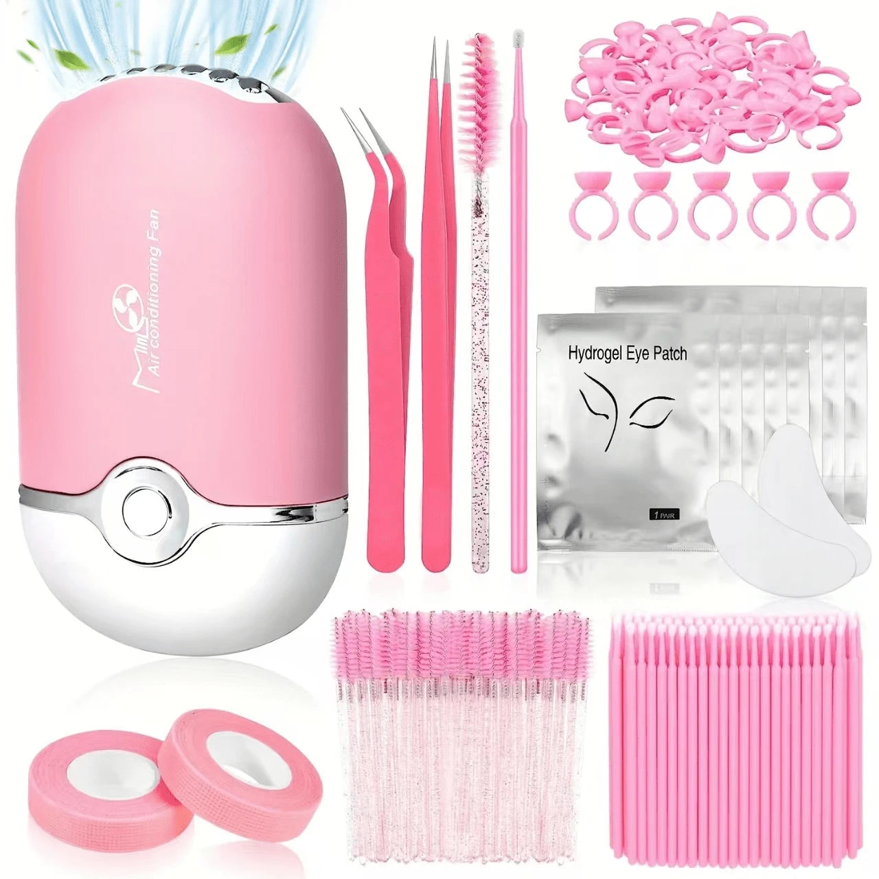 Beginner's Easy Set [215-Piece Set] Eyelash Extension Product Set, Suitable For Beginners To Use. USB Air Conditioner Blower, 2 Eyelash Tweezers, 100 Eyelash Cotton Swabs, 50 Eyelash Brushes, 100 Ring
