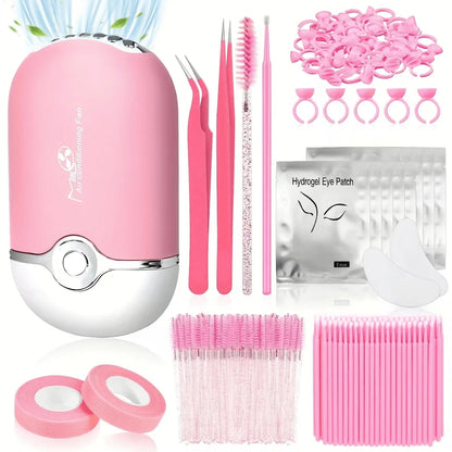 Beginner's Easy Set [215-Piece Set] Eyelash Extension Product Set, Suitable For Beginners To Use. USB Air Conditioner Blower, 2 Eyelash Tweezers, 100 Eyelash Cotton Swabs, 50 Eyelash Brushes, 100 Ring