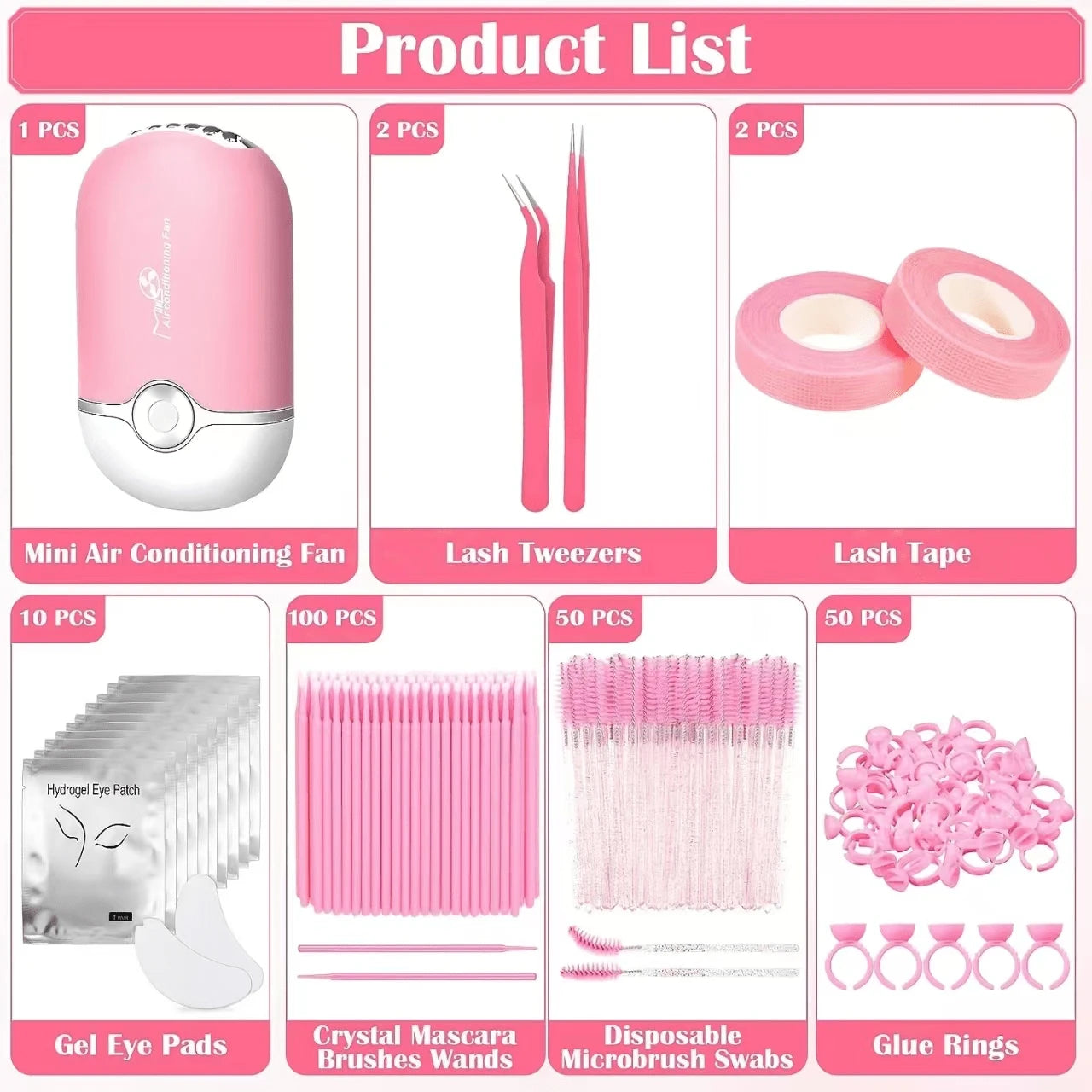 Beginner's Easy Set [215-Piece Set] Eyelash Extension Product Set, Suitable For Beginners To Use. USB Air Conditioner Blower, 2 Eyelash Tweezers, 100 Eyelash Cotton Swabs, 50 Eyelash Brushes, 100 Ring