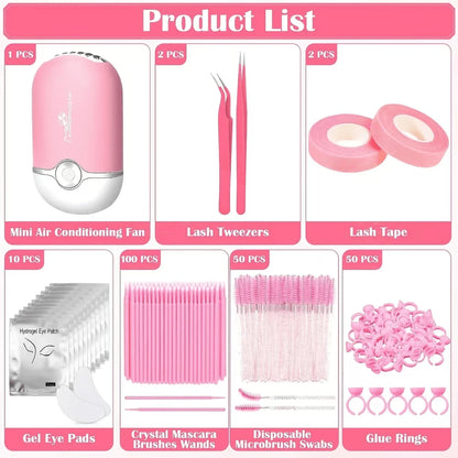 Beginner's Easy Set [215-Piece Set] Eyelash Extension Product Set, Suitable For Beginners To Use. USB Air Conditioner Blower, 2 Eyelash Tweezers, 100 Eyelash Cotton Swabs, 50 Eyelash Brushes, 100 Ring