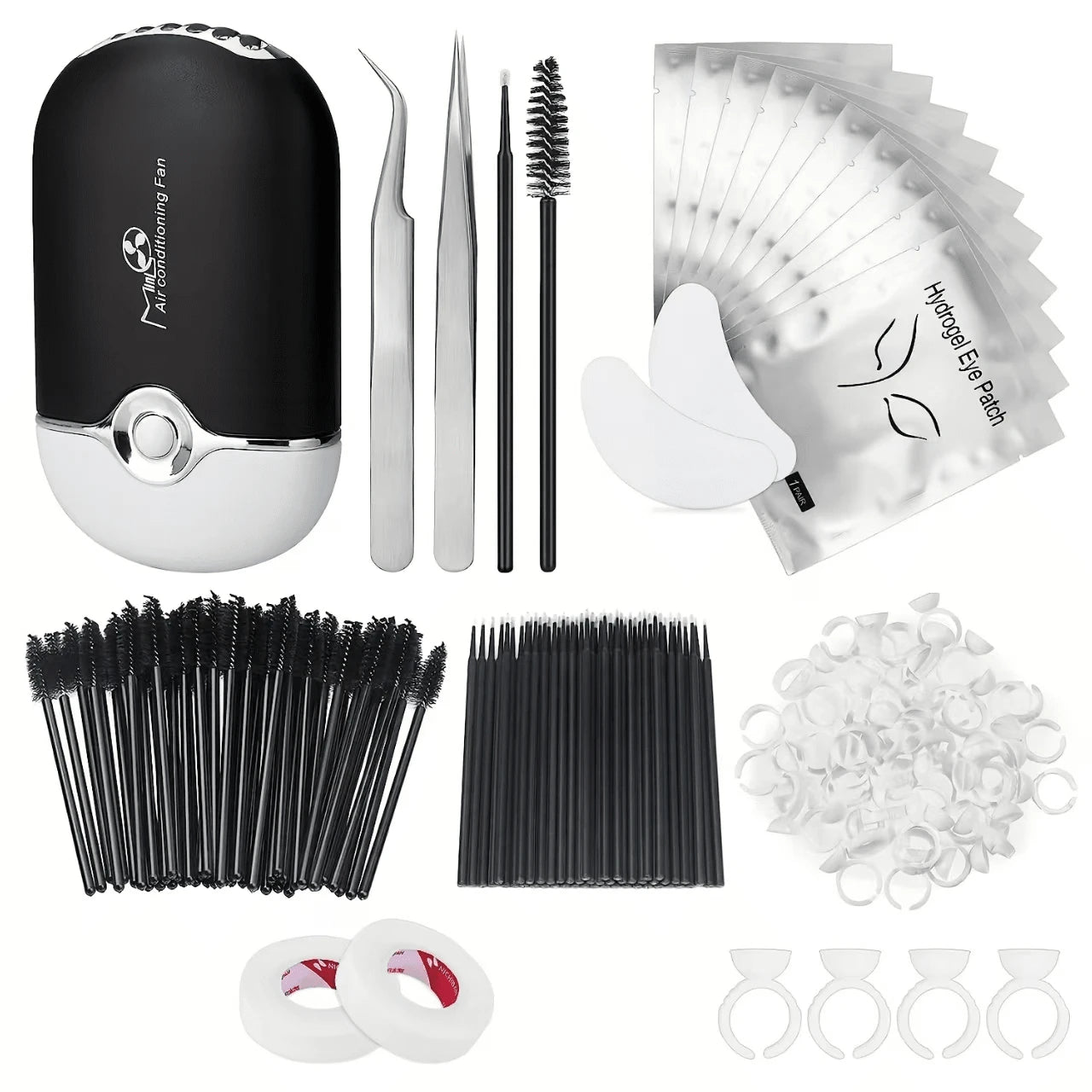 Beginner's Easy Set [215-Piece Set] Eyelash Extension Product Set, Suitable For Beginners To Use. USB Air Conditioner Blower, 2 Eyelash Tweezers, 100 Eyelash Cotton Swabs, 50 Eyelash Brushes, 100 Ring