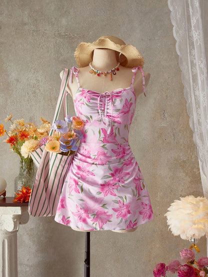 Bellisia Women's Floral Print Tie Shoulder Strap Ruffled Front Drawstring Beach Cute One Piece Swimsuit For Summer Beach Vacation