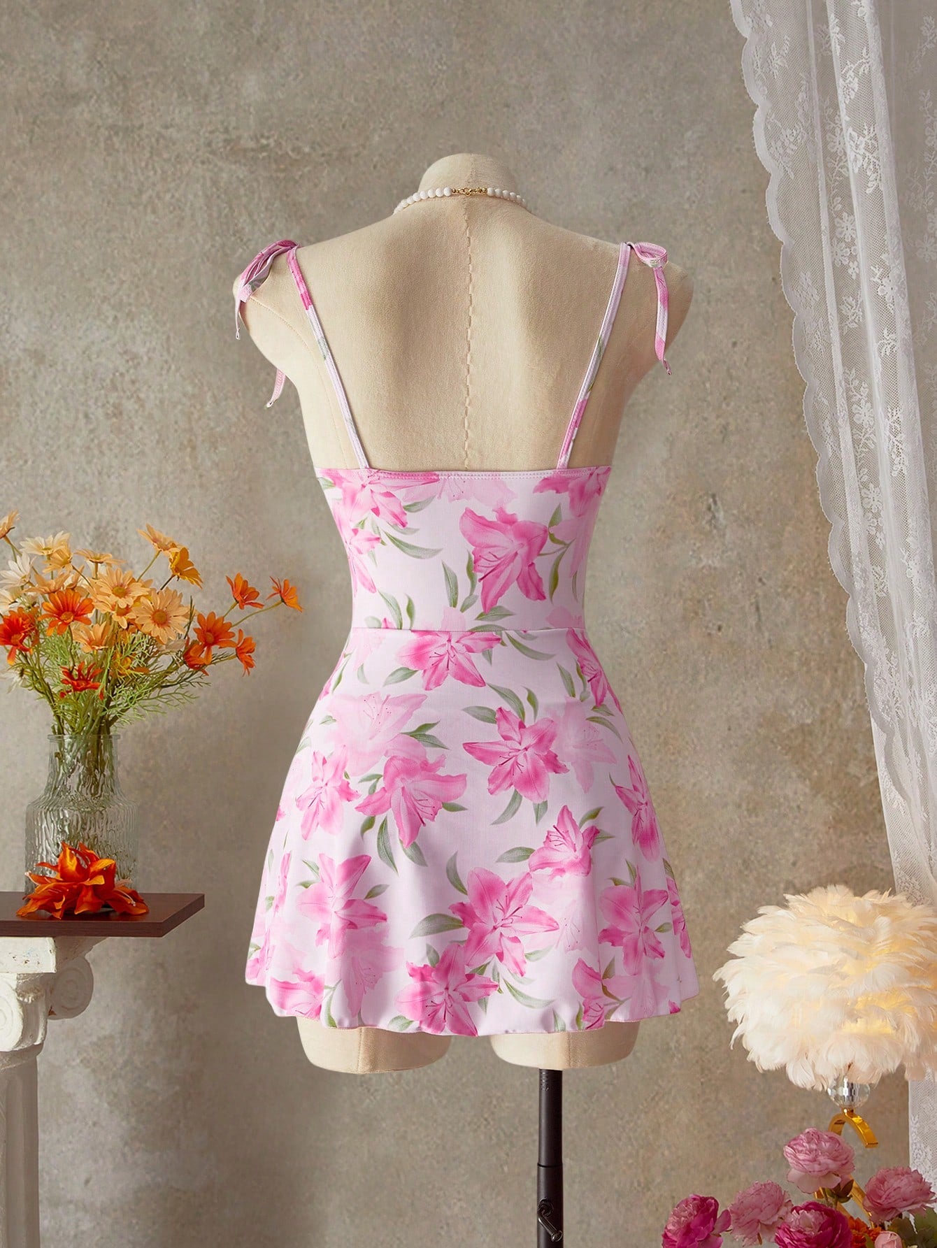 Bellisia Women's Floral Print Tie Shoulder Strap Ruffled Front Drawstring Beach Cute One Piece Swimsuit For Summer Beach Vacation
