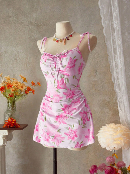 Bellisia Women's Floral Print Tie Shoulder Strap Ruffled Front Drawstring Beach Cute One Piece Swimsuit For Summer Beach Vacation