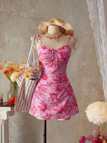 Bellisia Women's Floral Print Tie Shoulder Strap Ruffled Front Drawstring Beach Cute One Piece Swimsuit For Summer Beach Vacation