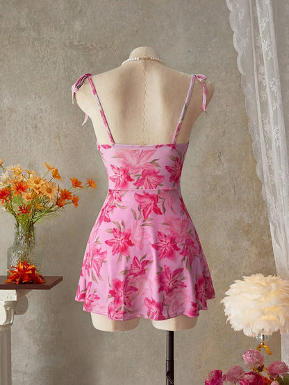Bellisia Women's Floral Print Tie Shoulder Strap Ruffled Front Drawstring Beach Cute One Piece Swimsuit For Summer Beach Vacation