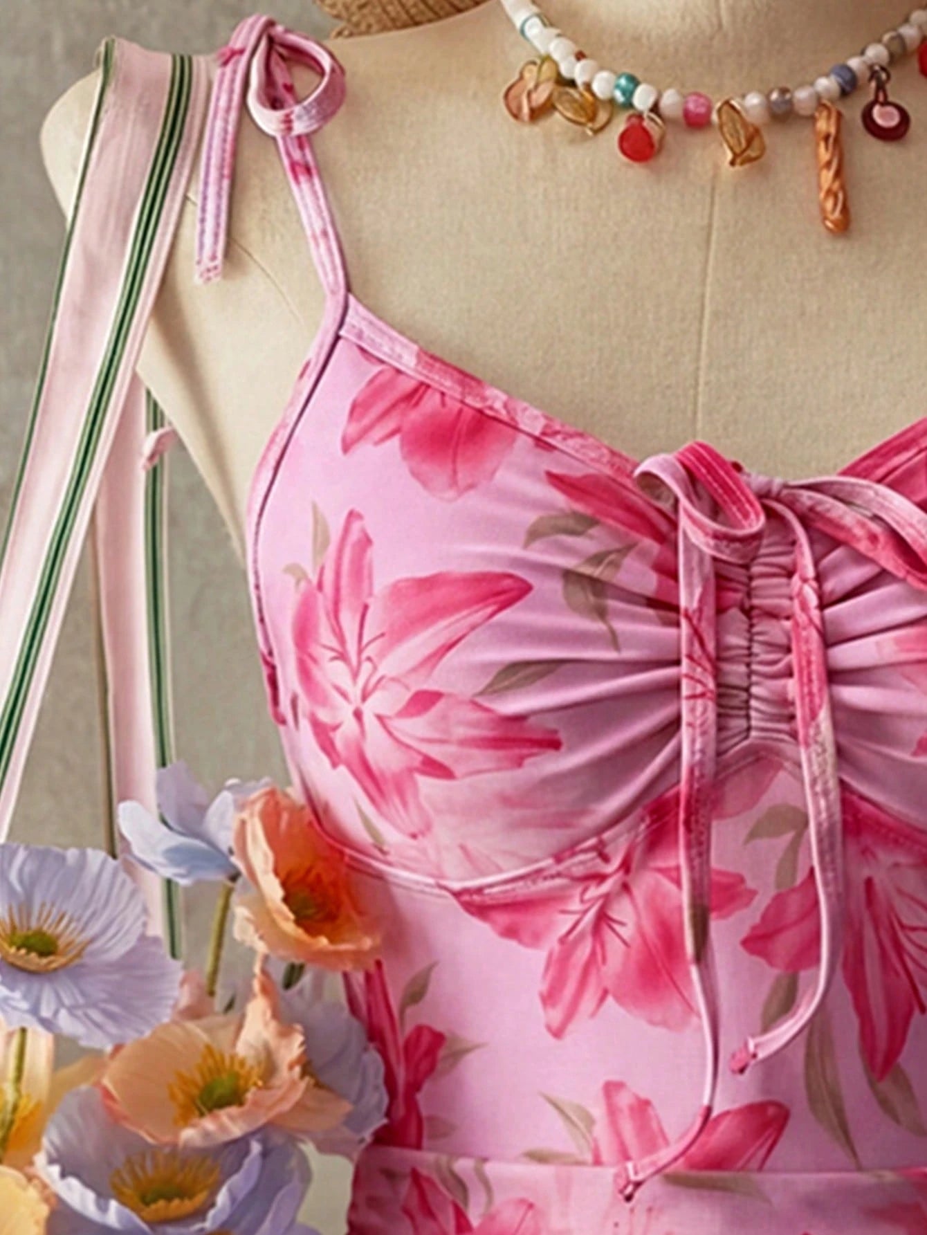 Bellisia Women's Floral Print Tie Shoulder Strap Ruffled Front Drawstring Beach Cute One Piece Swimsuit For Summer Beach Vacation