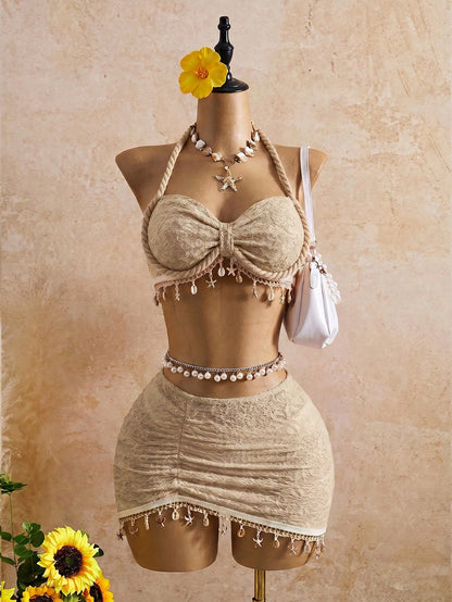 Bellisia Women's Latest Fashion Twisted Rope Halter Strap, Beach Outfit With Ocean Accessories, Beige Swimwear 3-Piece Set For Spring, Summer And Autumn