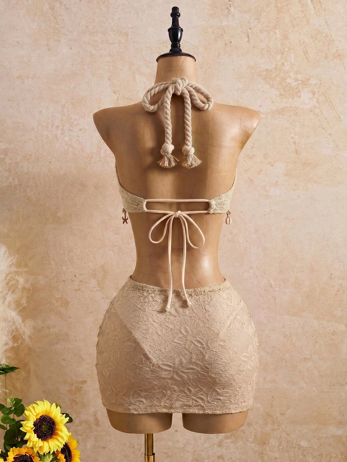 Bellisia Women's Latest Fashion Twisted Rope Halter Strap, Beach Outfit With Ocean Accessories, Beige Swimwear 3-Piece Set For Spring, Summer And Autumn