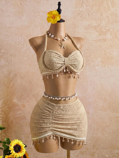Bellisia Women's Latest Fashion Twisted Rope Halter Strap, Beach Outfit With Ocean Accessories, Beige Swimwear 3-Piece Set For Spring, Summer And Autumn