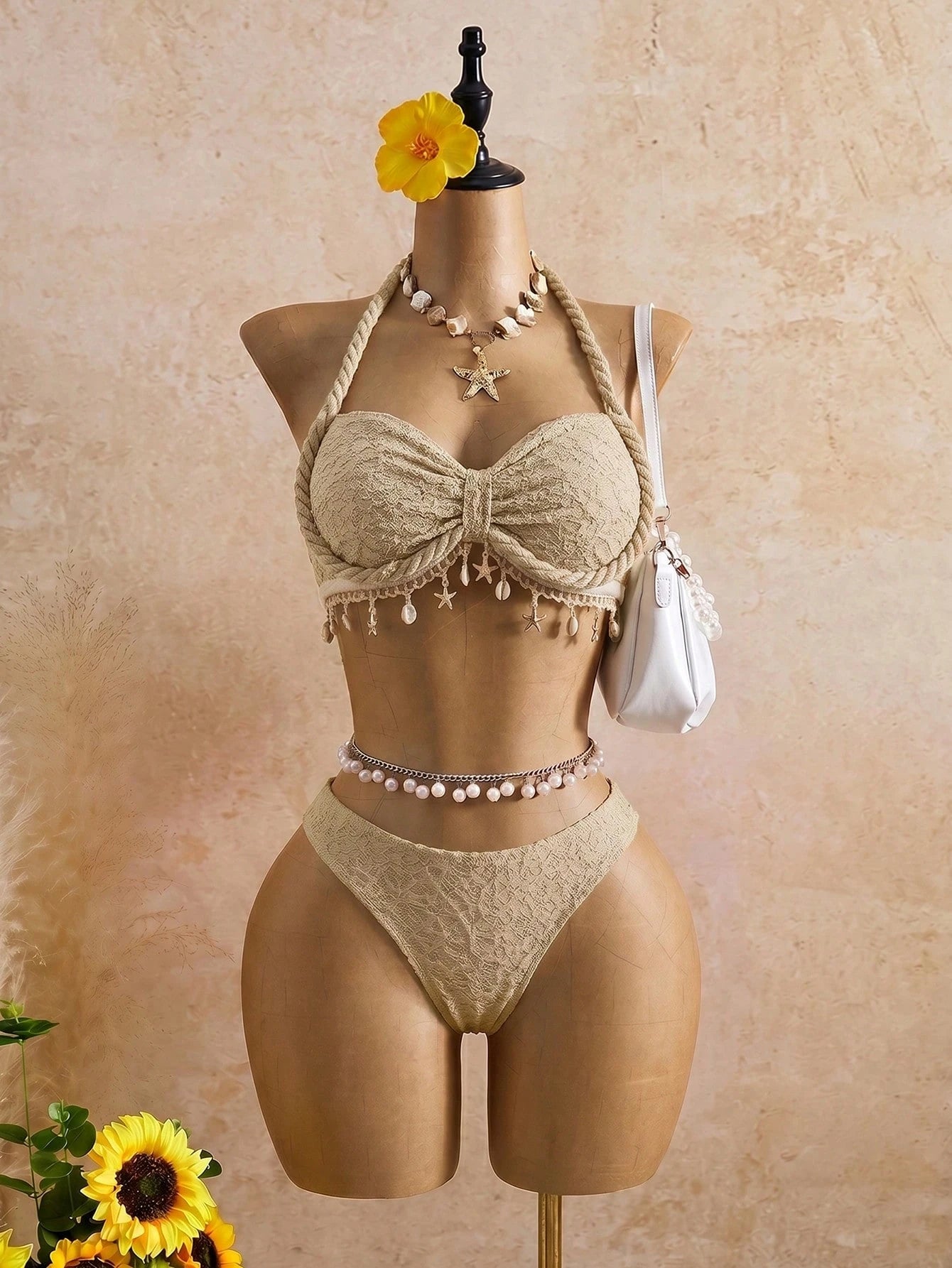 Bellisia Women's Latest Fashion Twisted Rope Halter Strap, Beach Outfit With Ocean Accessories, Beige Swimwear 3-Piece Set For Spring, Summer And Autumn