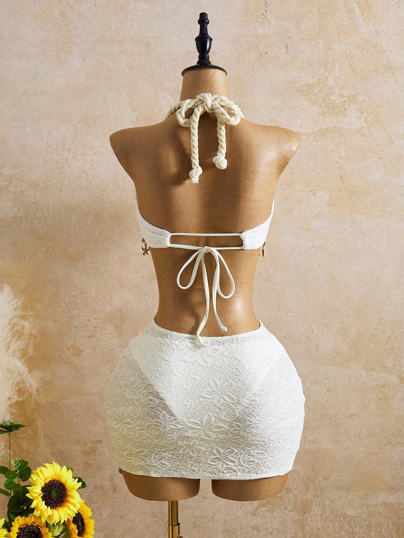 Bellisia Women's Latest Fashion Twisted Rope Halter Strap, Beach Outfit With Ocean Accessories, Beige Swimwear 3-Piece Set For Spring, Summer And Autumn