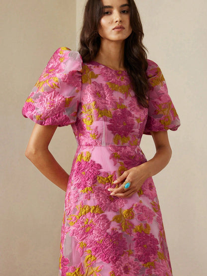 BELROSIE French Romantic Rose 3D Floral V-Neck Puff Sleeve Cinched Waist Dress For Women