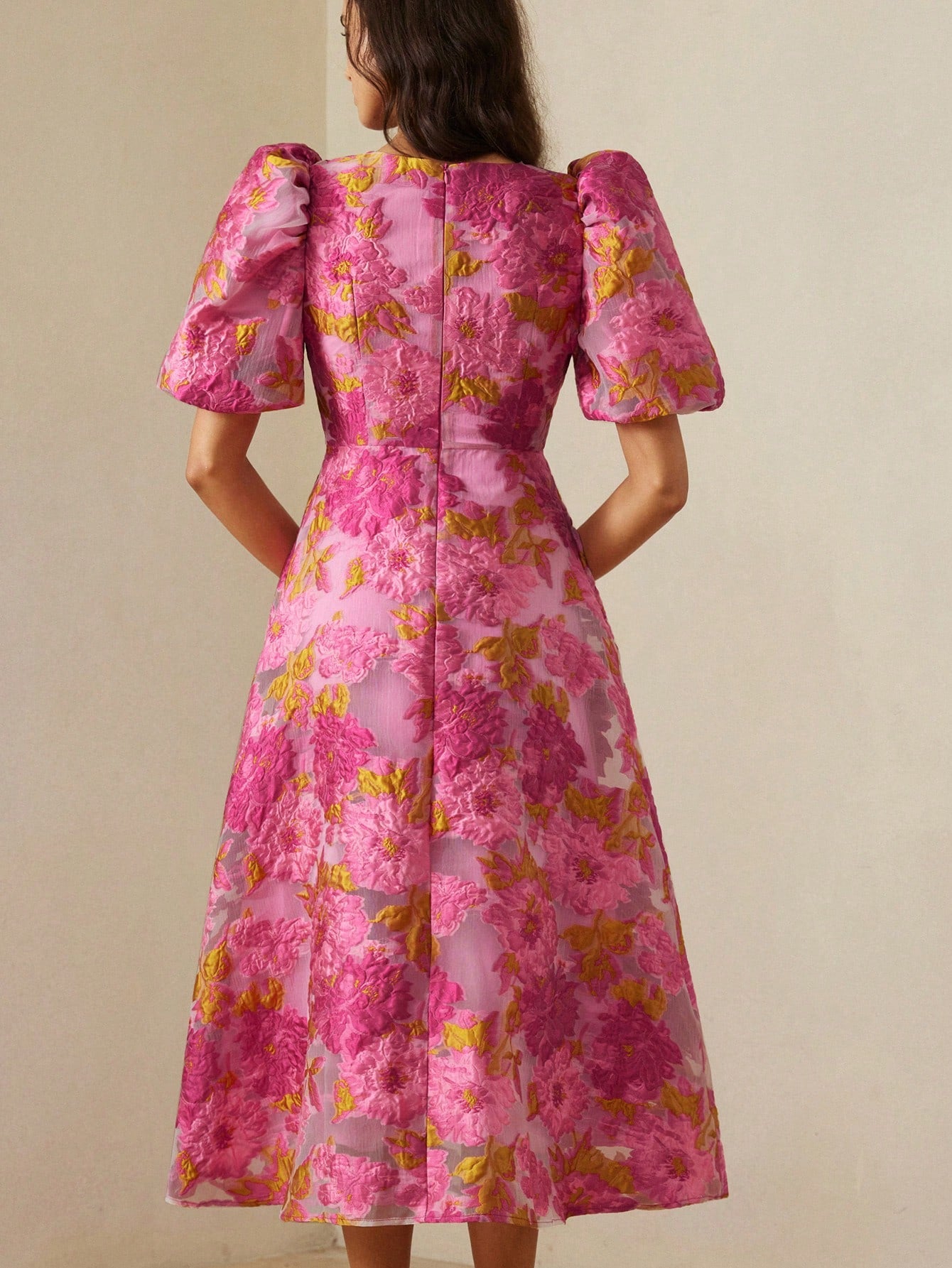 BELROSIE French Romantic Rose 3D Floral V-Neck Puff Sleeve Cinched Waist Dress For Women
